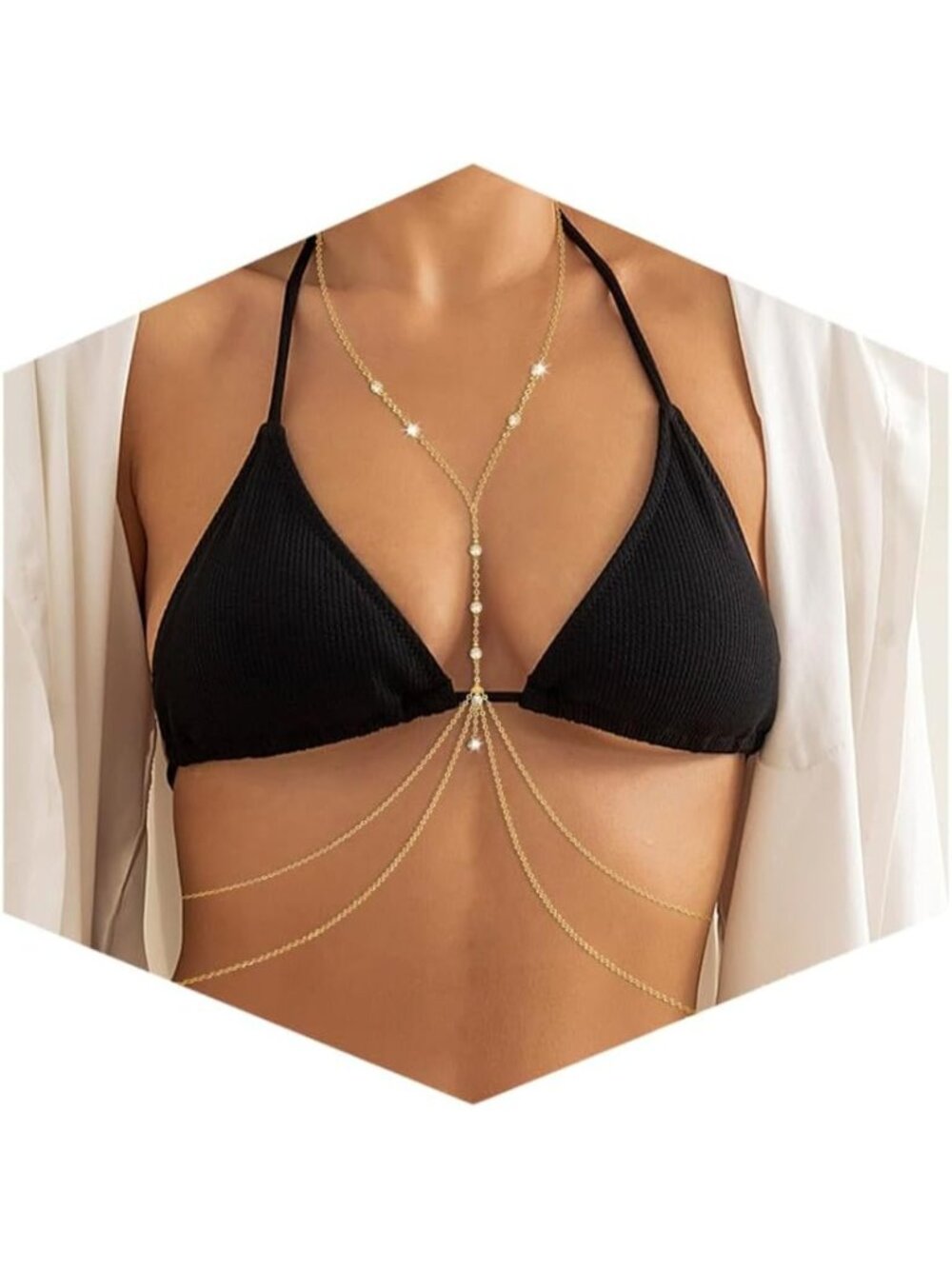 Women Gold Rhinestone Crossover Body Bikini Bra Body Jewelry Chain Necklace
